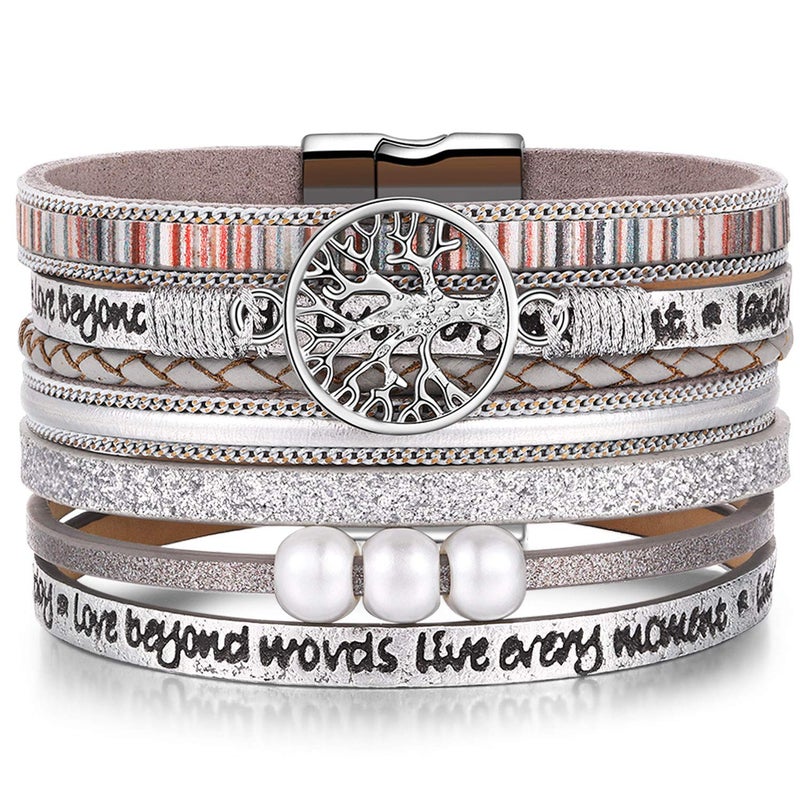 Desimtion Silver Boho Wrap Leather Bracelets for Women Buckle Multilayer Layered Jewelry Gifts Bracelet for Mom Teen Grandma - Image 1